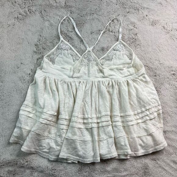 Free People White Tank Top Lace Floral Womens Size Small Linen Blend Babydoll - Picture 9 of 10
